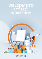 Flat vertical poster for artist workshop, classes or fine art sale. Easel and art goods on light blue background