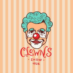 Circus clown badge. Retro funnyman. Vintage Carnival logo or emblem. Label for the festival banner and show. Cute harlequin. engraved hand drawn sketch.