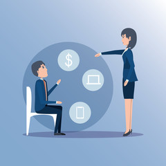 businessman and businesswoman with related icons around over gray background, colorful design. vector illustration