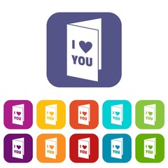 Happy Valentines day or weeding card icons set vector illustration in flat style In colors red, blue, green and other