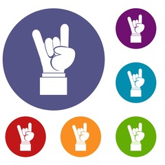 Rock and Roll hand sign icons set in flat circle reb, blue and green color for web