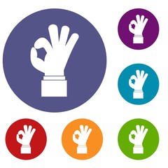 Ok gesture icons set in flat circle reb, blue and green color for web