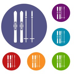 Skis and ski poles icons set in flat circle reb, blue and green color for web