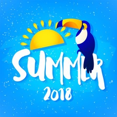 Summer bright card with toucan, sun and text on blue background. Flat design. Vector tropical banner. © yanabear