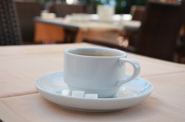 Morning coffee cup with beautiful seascape and white birds background