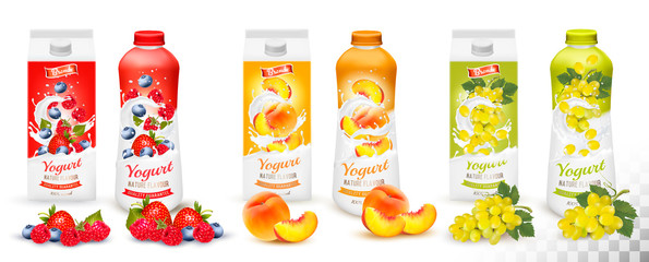 Set of yogurt in bottles  and boxes with fruit and berries. Strawberry, raspberry, blueberry, grapes and peach. Design template. Vector