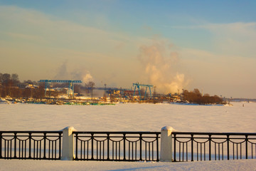 The confluence of the rivers Volga and Kostroma in the city of Kostroma, Russia in winter.