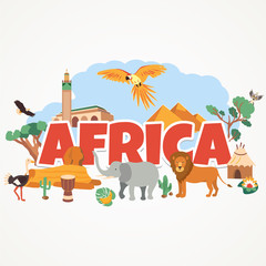 Bright postcard with landmarks and animals of Africa
