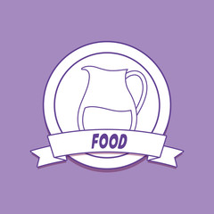 emblem of food concept with decorative ribbon and lemonade pitcher icon over purple background, colorful line design. vector illustration
