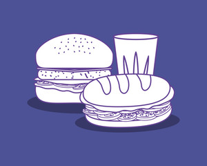 hamburger and sandwich over blue background, colorful design. vector illustration