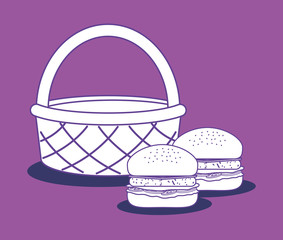 basket and hamburgers over purple background, colorful design. vector illustration