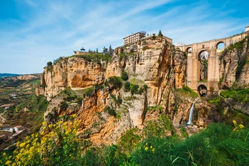 Photo sur Plexiglas Ronda Pont Neuf landscape with the Tajo Gorge and stone bridge, Ronda, Spain