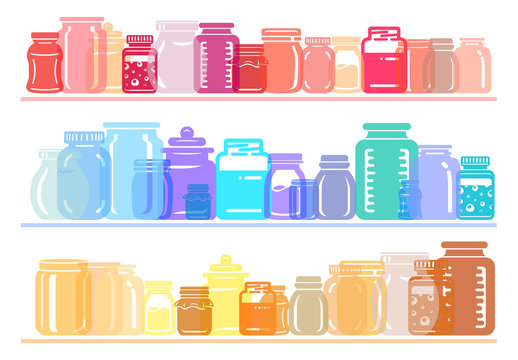 Jar Glass For Jam Or Honey. Colorfull Set On Kitchen Shelf In Flat Style..