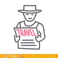 Traveler reading a travel booklet. Editable stroke sketch icon. Stock vector illustration.