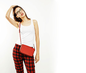 young pretty stylish hipster girl posing emotional isolated on w