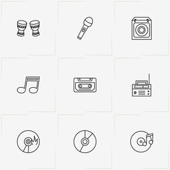 Music line icon set with drum, radio  and music note