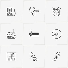 Music line icon set with music buttons , compact disk and microphone