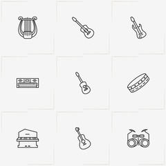 Musical Instruments line icon set with piano, harp and guitar