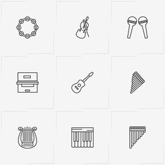 Musical Instruments line icon set with xylophone, violin and piano keys