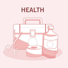 First aids suitcase with medicine bottle and scissors vector illustration graphic design