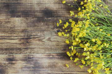 Bouquet of beautiful meadow flowers on a wooden background. Yellow flowers Buttercup. Floral background with copy space. Flat lay.