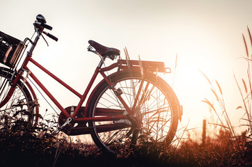 Fototapeta na wymiar beautiful landscape image with Bicycle at sunset on glass field meadow ; summer or spring season background