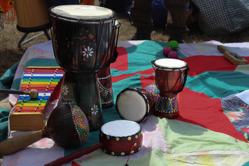 Wooden African djembe drums.