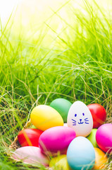 Easter eggs cute bunny. Funny happy in easter day on wood background