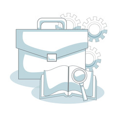 Briefcase and book with amgnifying glass vector illustration graphic design