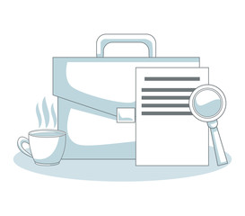 Briefcase with coffee cup and magnifying glass vector illustration graphic design