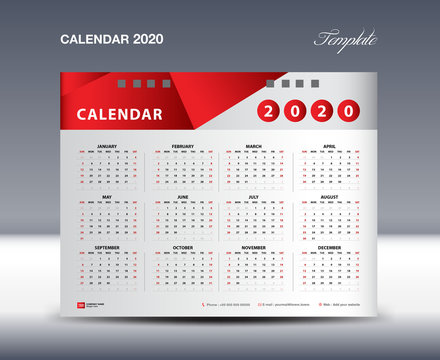 Calendar 2020 Template vector, Week starts Sunday, Stationery design, flyer design vector, printing media creative idea design, red polygonal background concept, publication template, advertisement