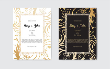 Golden Vector invitation with floral elements.