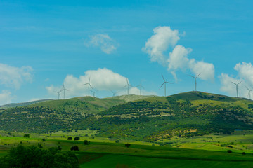 The windmills on the hills surrounded with green landscape