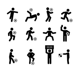 Football Soccer Player Actions Poses Stick Figure Icon Symbol Sign, Vector illustration