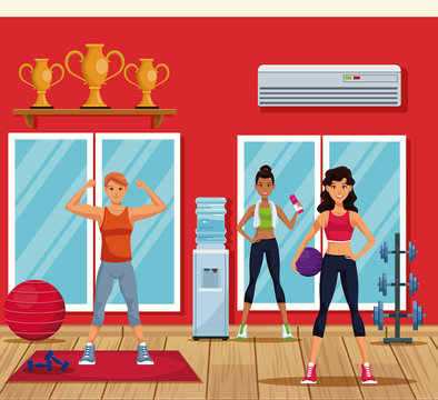 Fitness people training inside gym vector illustration graphic design