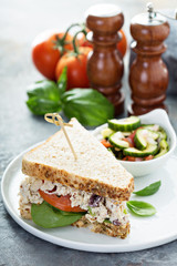 Chicken salad sandwich with spinach and tomato