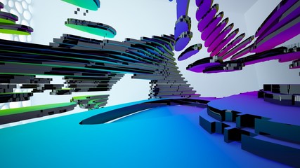 Abstract white and colored gradient  interior multilevel public space with window. 3D illustration and rendering.