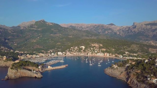 Port de Soller aerial view, Majorca. Mediterranean sea.