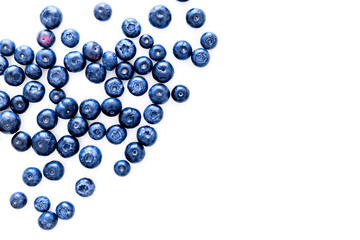 Blueberries background on white top view space for text