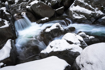 Fototapeta premium Flowing Water and Snow Capped Yosemite Valley Rocks