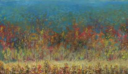 Autumn forest leaving into the distance. View from above. It's a nasty day. In the foreground there is a small meadow. Light haze. Oil painting on wood.