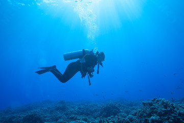 Fototapeta na wymiar Scuba diver woman in blue tropical water