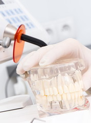 Hand of dentist in protective glove hoding dental jaw model, tools with instruments used in stomatology office