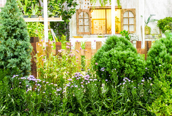 Naklejka premium Relaxing area in cozy home garden./ Relaxing area with garden object decoration on shelf in cozy home garden on summer. 