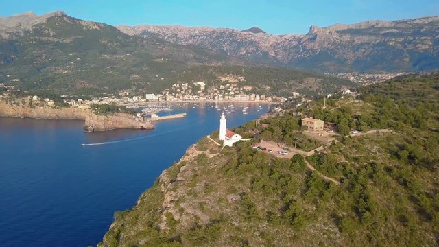 Port de Soller aerial view, Majorca. Mediterranean sea.