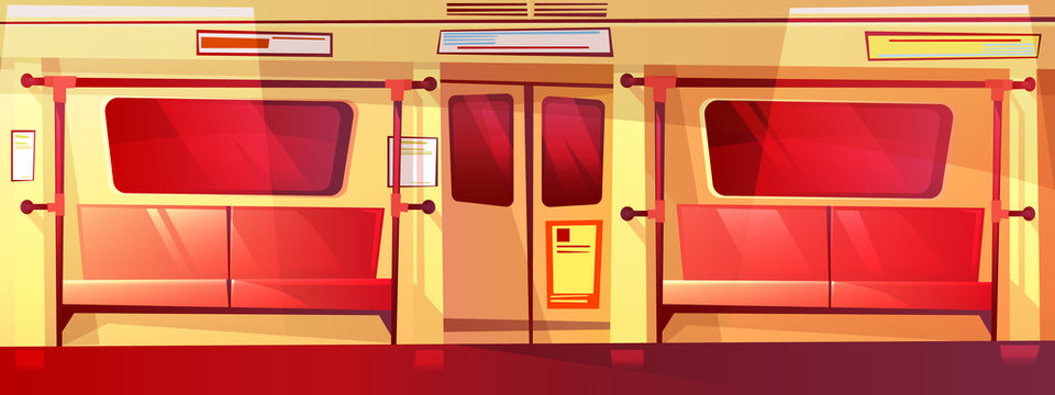 Subway train inside seamless vector illustration of empty metro with seats, windows and exit doors. Cartoon design of underground public transport for parallax or computer games background pattern
