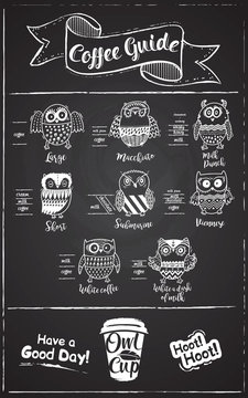 Coffee menu design. The coffee drinks infographics, owls set characters on chalkboard background.