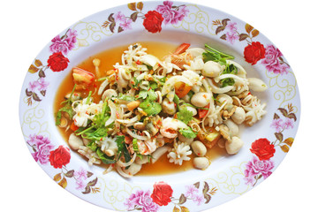 Spicy seafood salad,Thai food isolated on white background 