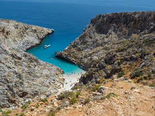 Fototapeta na wymiar Seitan Limania beach holiday with blue water in Crete, Greece. June, 2018
