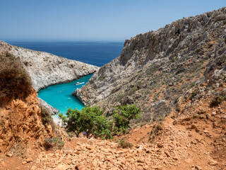 Seitan Limania beach holiday with blue water in Crete, Greece. June, 2018